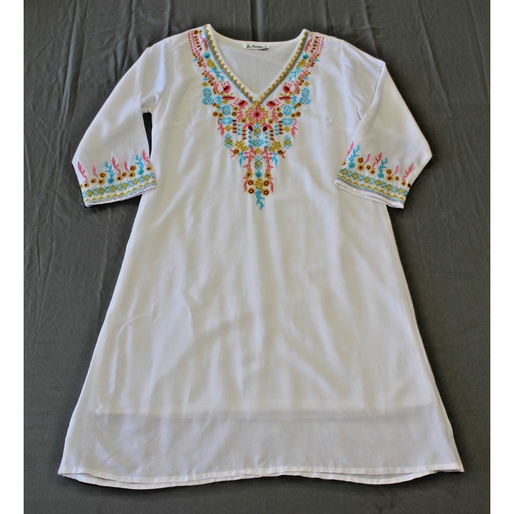 Lapogee Boho Embroidered Tunic Dress Rayon Lined Medium V Neck India Floral